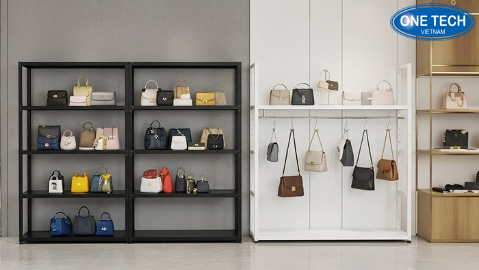 So sánh trưng bày túi xách bằng mâm tầng và móc treo