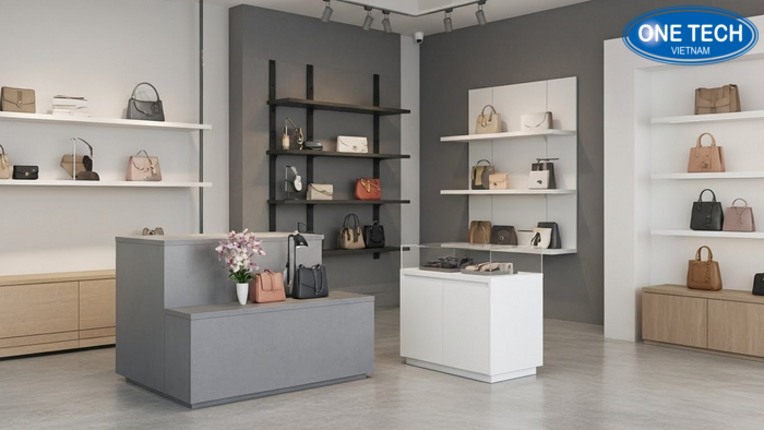 Tổng hợp mẫu kệ trưng bày túi xách theo không gian shop
