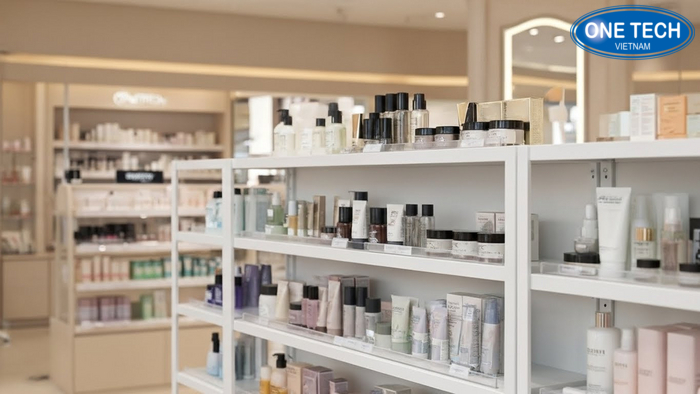 Không gian cửa hàng mỹ phẩm chuyên nghiệp với hệ thống kệ trưng bày hiện đại