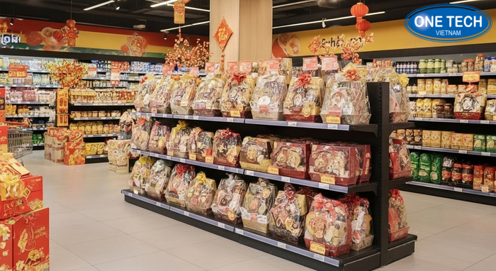 Cách trưng bày giỏ quà Tết theo nhóm Trưng bày giỏ quà Tết theo mức giá và chủ đề để khách dễ chọn