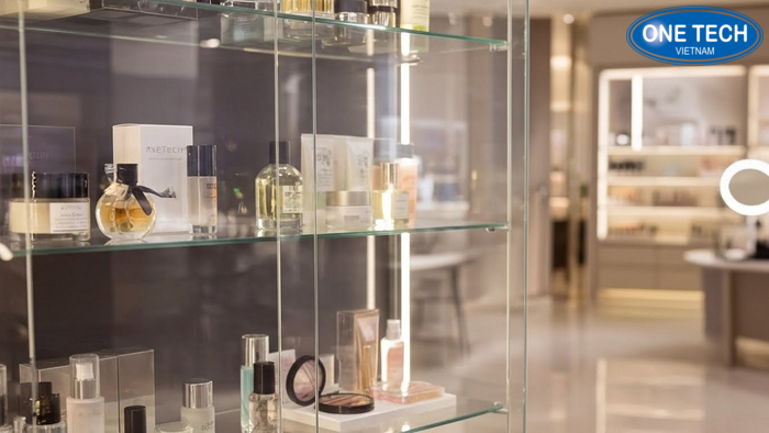 Tủ kính trưng bày nước hoa và mỹ phẩm cao cấp có đèn LED