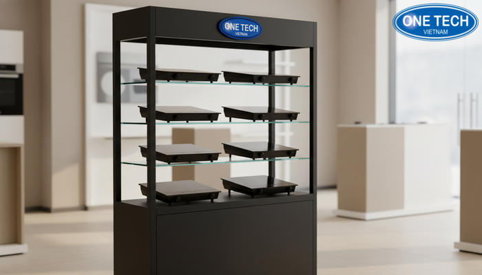 Tủ trưng bày bếp từ hiện đại dạng đứng Tủ trưng bày bếp từ dạng đứng có khoang chứa bên dưới
