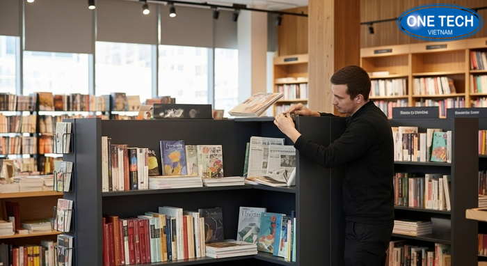 Hình ảnh tư vấn khảo sát và lắp đặt kệ trưng bày sách báo tại thực địa