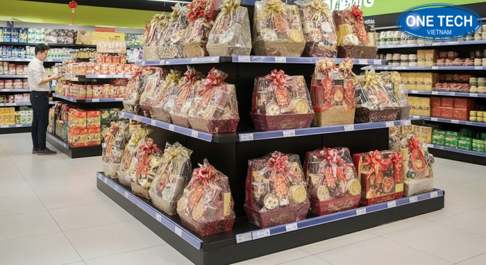 Ụ trưng bày giỏ quà Tết chuyên nghiệp Ụ trưng bày chuyên nghiệp cho giỏ quà Tết tại siêu thị