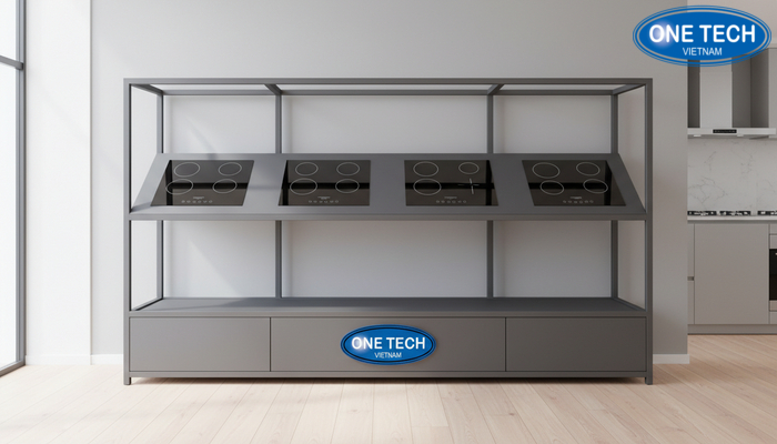 Xu hướng kệ trưng bày bếp từ hiện đại màu trung tính Xu hướng kệ trưng bày bếp từ thiết kế tinh giản với màu trung tính