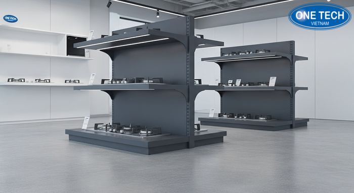 Xu hướng kệ trưng bày bếp gas 2026 Mẫu kệ trưng bày bếp gas tối giản có đèn LED tạo điểm nhấn