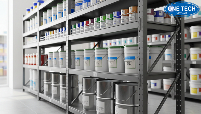 Bảng minh họa kích thước kệ trưng bày sơn nước và khoảng cách tầng