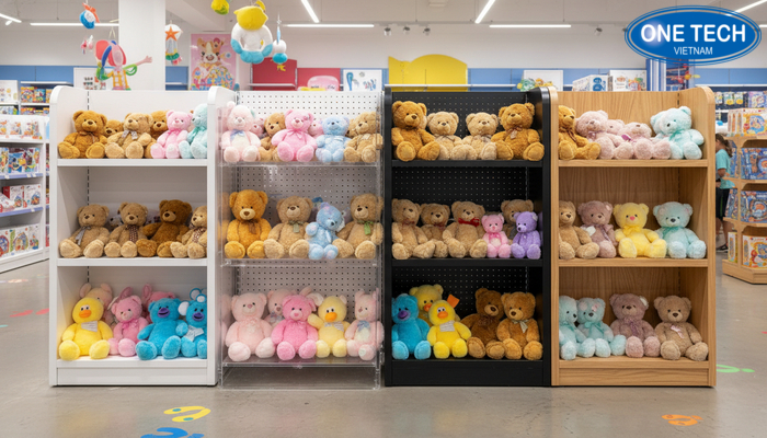 Hình minh họa so sánh kệ nhựa, mica, sắt, gỗ khi trưng bày gấu bông