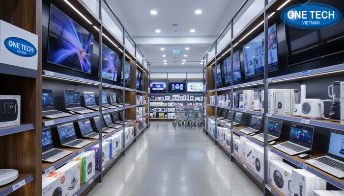 Bố trí kệ trưng bày đồ điện theo lối đi Bố trí giá kệ siêu thị điện máy giúp lối đi thoáng và dễ tìm sản phẩm