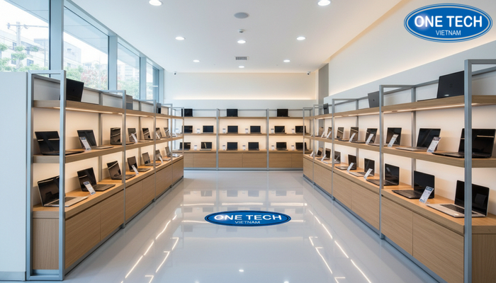 Bố trí kệ trưng bày laptop theo lối đi rộng rãi trong showroom