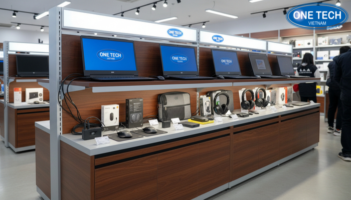Hình minh họa bố trí kệ trưng bày laptop thực tế trong cửa hàng công nghệ