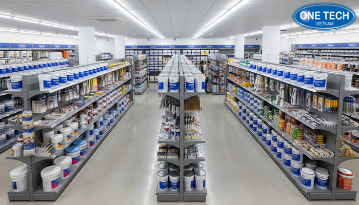 Bố trí kệ trưng bày sơn nước tạo lối đi thoáng và ánh sáng tốt