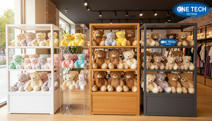 So sánh các loại kệ để gấu bông shop quà lưu niệm: nhựa, mica, sắt, gỗ