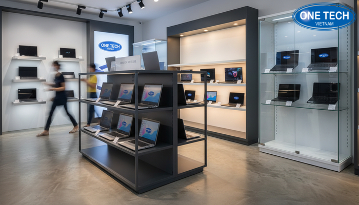 Các loại kệ trưng bày laptop phổ biến: kệ đứng, tủ kính, kệ LED, kệ treo tường