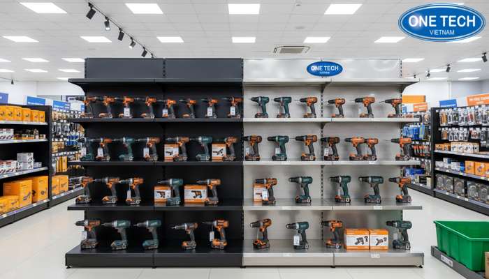 Minh họa chất liệu kệ thép sơn tĩnh điện và inox dùng cho kệ trưng bày máy khoan