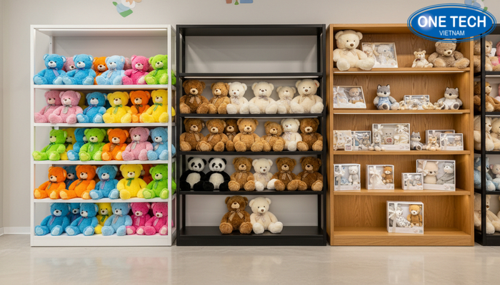 Minh họa các phân khúc chi phí kệ trưng bày gấu bông theo chất liệu