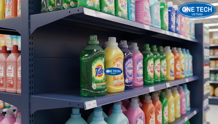 Chi tiết kệ trưng bày nước giặt chịu lực Cận cảnh mâm kệ và khung kệ chịu lực cho nước giặt