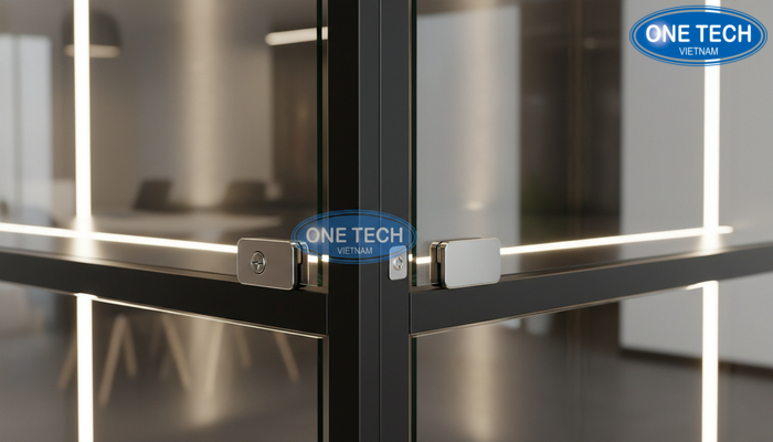 Phụ kiện tủ kính trưng bày Chi tiết ray trượt bản lề và khóa cửa của tủ kính trưng bày