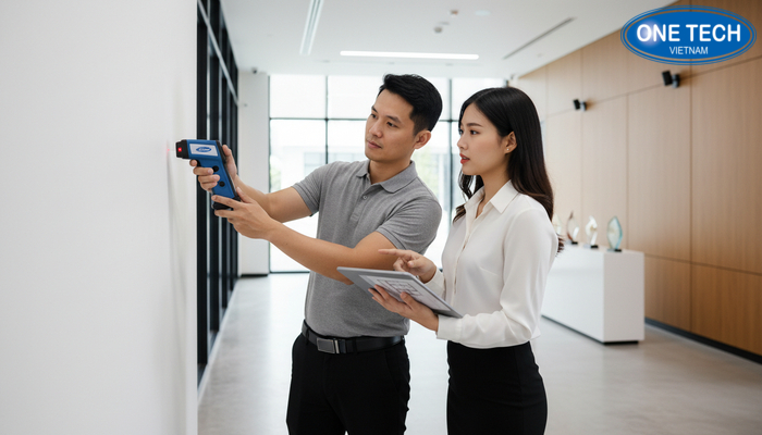 Đo đạc vị trí đặt kệ trưng bày Đo đạc vị trí đặt kệ trưng bày bằng khen trước khi thi công