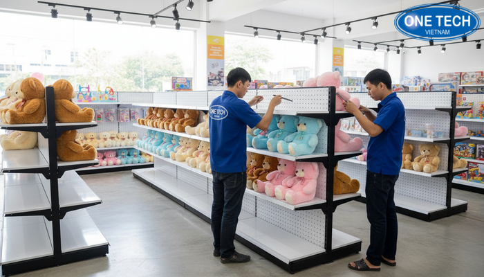 Đội ngũ kỹ thuật viên lắp đặt và căn chỉnh kệ trưng bày tại cửa hàng