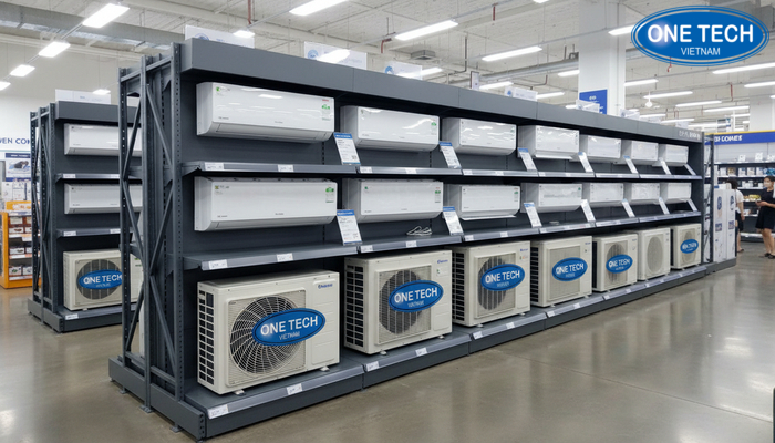 Dự án kệ trưng bày điều hoà OneTech Hình ảnh thực tế dự án kệ trưng bày điều hoà thi công hoàn thiện tại siêu thị điện máy