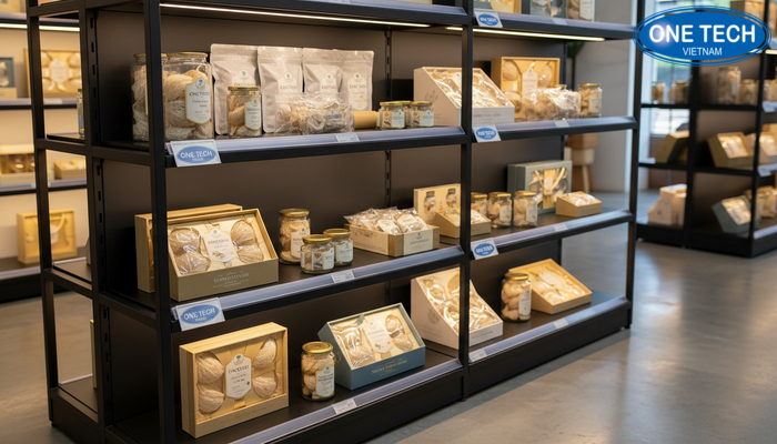 Hệ thống đèn LED ánh vàng và trắng dịu trên kệ yến sào