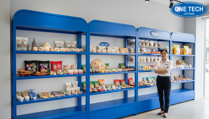 Kệ trưng bày đồ lưu niệm thi công hoàn thiện Hình ảnh kệ trưng bày đồ lưu niệm hoàn thiện và phản hồi hài lòng