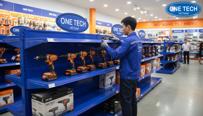 Lắp đặt kệ trưng bày máy khoan tại cửa hàng ở Lâm Đồng