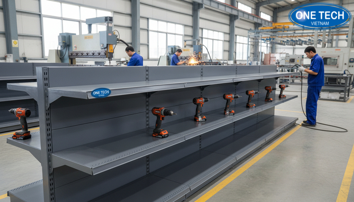 Hình ảnh quy trình sản xuất kệ trưng bày máy khoan tại xưởng