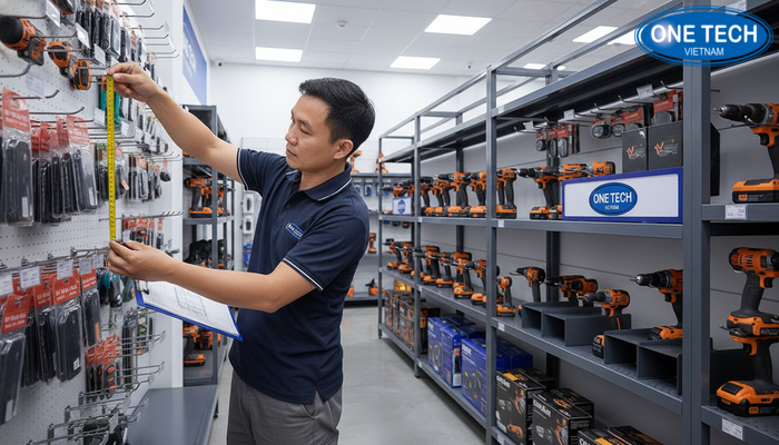 Minh họa cách đo chiều dài, chiều sâu, chiều cao để chọn kệ trưng bày máy khoan đúng kích thước