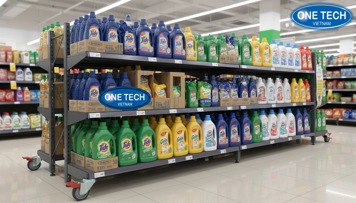 Kệ chịu lực tốt cho kệ trưng bày nước giặt Kệ chịu lực có bánh xe để trưng bày nước giặt can lớn