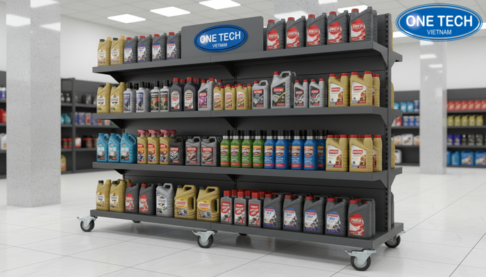 Kệ trưng bày dầu nhớt có bánh xe và khóa an toàn