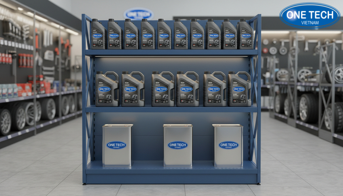 Kệ trưng bày dầu nhớt có tầng điều chỉnh linh hoạt theo chiều cao sản phẩm