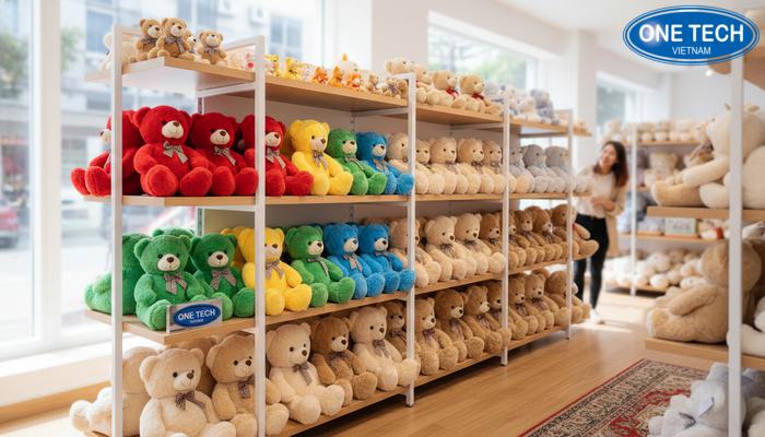 Kệ để gấu bông shop quà lưu niệm trưng bày theo cụm màu, tạo điểm nhấn hút khách