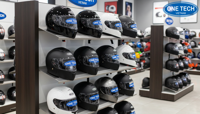 Kệ đứng trưng bày mũ bảo hiểm gọn gàng, dễ quan sát