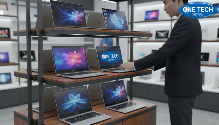 Kệ đứng 3 đến 4 tầng trưng bày laptop cho cửa hàng công nghệ