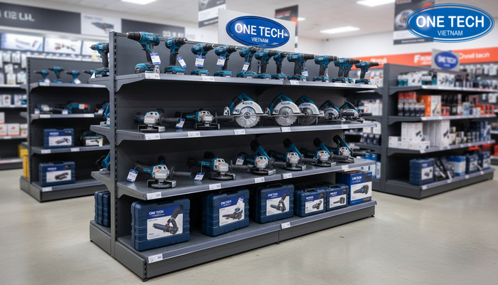 Kệ đứng nhiều tầng trưng bày máy khoan và dụng cụ cầm tay theo nhóm sản phẩm