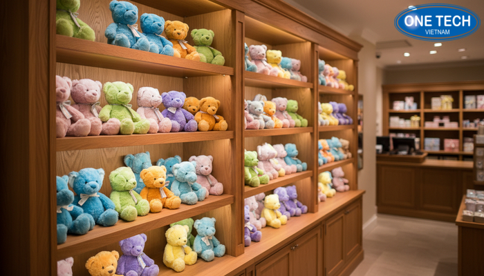 Kệ gỗ trưng bày gấu bông tạo không gian ấm cúng cho shop quà lưu niệm