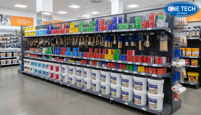 Kệ lưng lưới trưng bày sơn nước giúp không gian thoáng