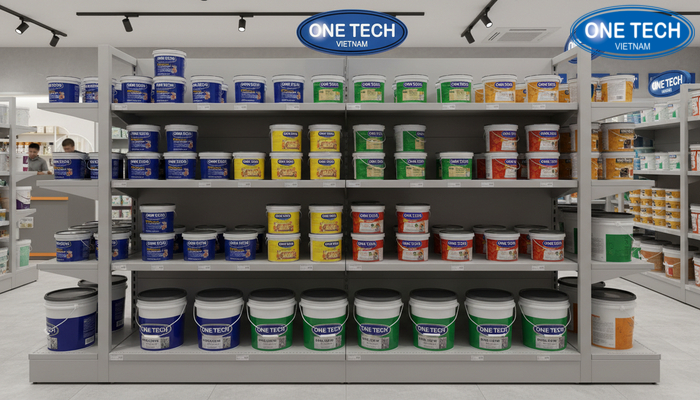 Kệ lưng tôn liền trưng bày sơn nước dễ vệ sinh và làm nổi bật sản phẩm