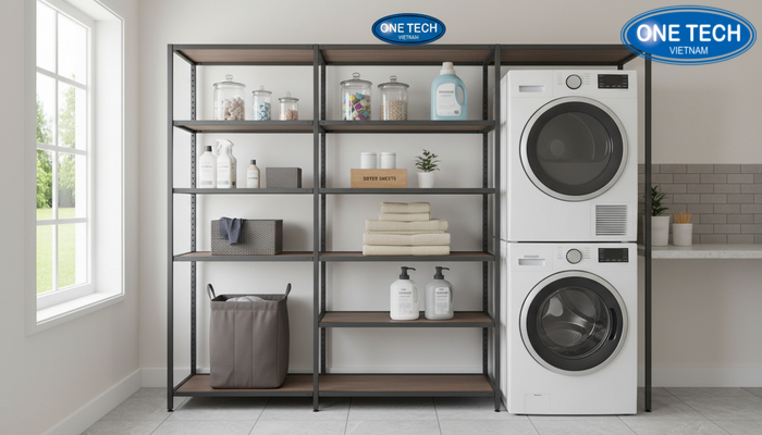 Kệ máy giặt và máy sấy bền đẹp Kệ máy giặt và máy sấy bền đẹp kết hợp khu để nước giặt gọn gàng