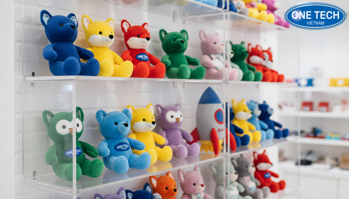Kệ mica gia công trưng bày gấu bông tôn màu, phù hợp khu trưng bày cao cấp