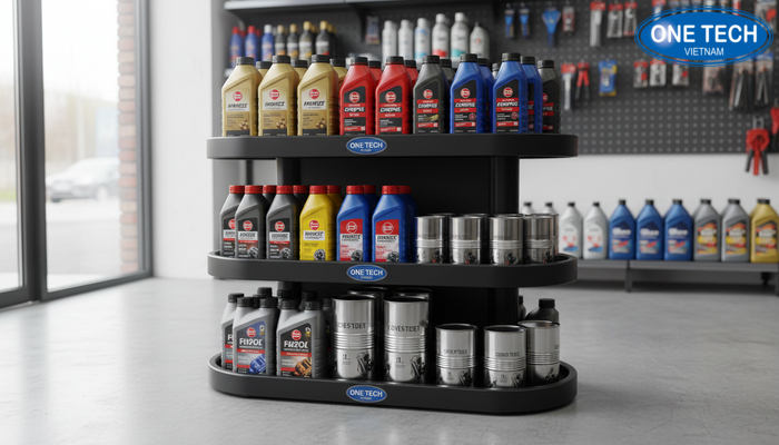 Mẫu kệ nhựa 3 tầng trưng bày dầu nhớt cho cửa hàng nhỏ
