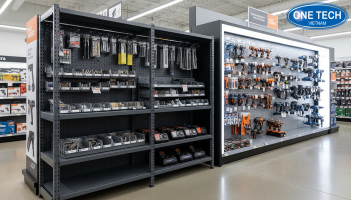 Kệ phụ kiện mũi khoan, pin và bộ sạc đặt cạnh khu kệ trưng bày máy khoan