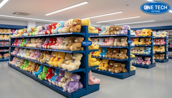 Kệ sắt sơn tĩnh điện trưng bày gấu bông theo dãy, tối ưu không gian shop