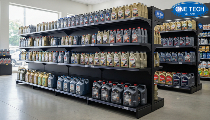 Kệ thép sơn tĩnh điện trưng bày dầu nhớt trong cửa hàng