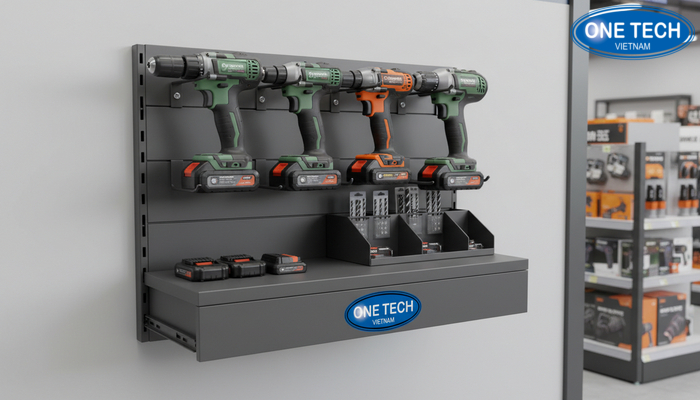 Kệ treo máy khoan pin nhỏ gọn lắp tường, trưng bày dễ quan sát