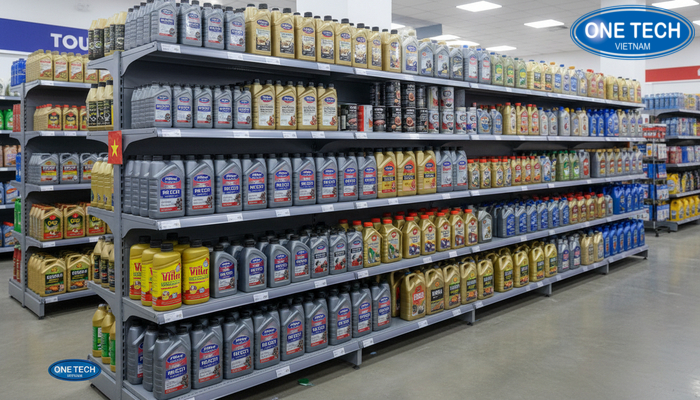Kệ trưng bày dầu nhớt OneTech lắp đặt thực tế tại cửa hàng ở Lâm Đồng