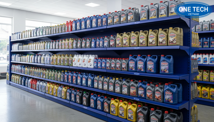 Dãy kệ thép sơn tĩnh điện trưng bày dầu nhớt gọn gàng, dễ chọn