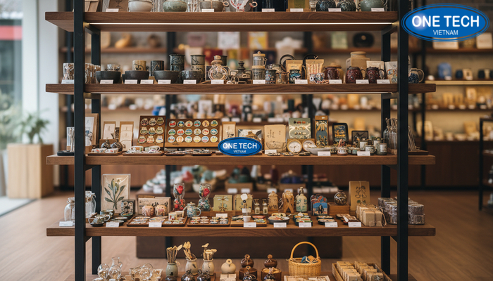 Kệ trưng bày đồ lưu niệm bằng gỗ Kệ trưng bày đồ lưu niệm bằng gỗ trong cửa hàng